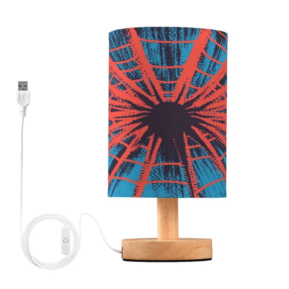 WOBOGO Red Spiderweb Bedroom Table Lamp USB Power Connector Wooden Base Round Linen Shade For Living Room Desk