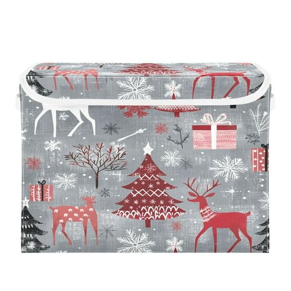 WOBOGO Red and White Christmas Tree Patterns Large Collapsible Storage Box Flip Lid Fabric Decorative Organizer Container Basket with Handles 16.512.611.8in