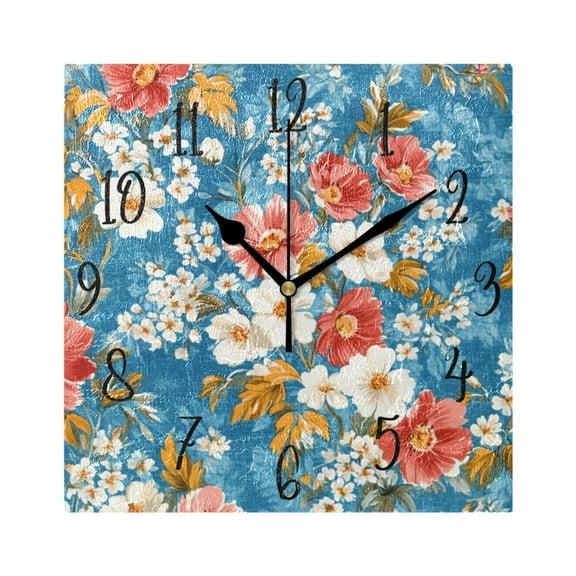 WOBOGO Red and White Nostalgic Flowers Wall Clock 7.78 Inch Battery Operated Silent Unit Square Rustic Vintage Style for Home Bedroom Office Black Pointer