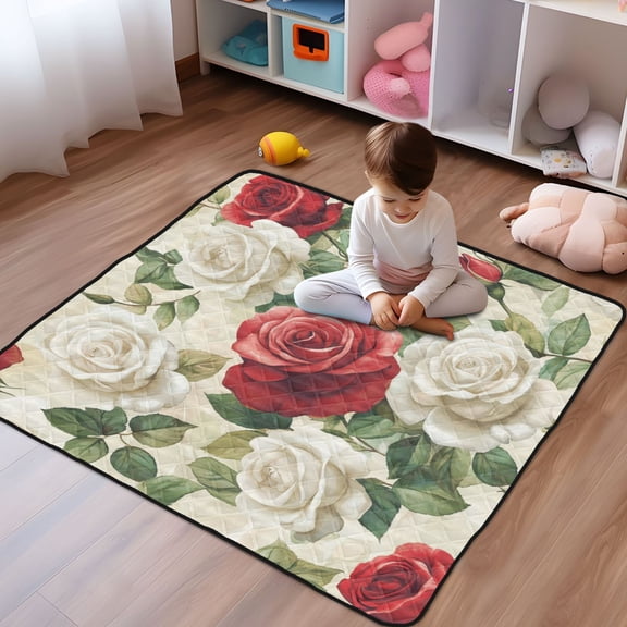 WOBOGO Red White Rose Pattern Baby Playmats Extra Large Waterproof Rollable Activity Pads for Toddlers 50×50inch