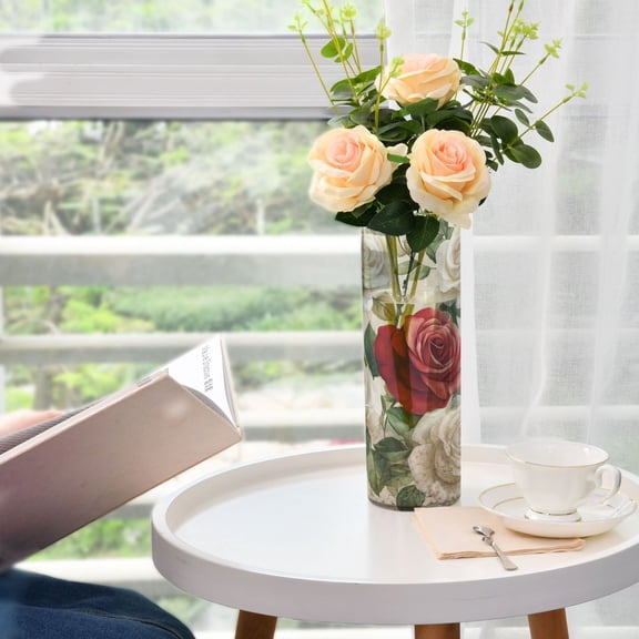 WOBOGO Red White Rose Pattern Plastic Vase Home or Wedding Decoration Centerpiece Unbreakable 11.83.9in