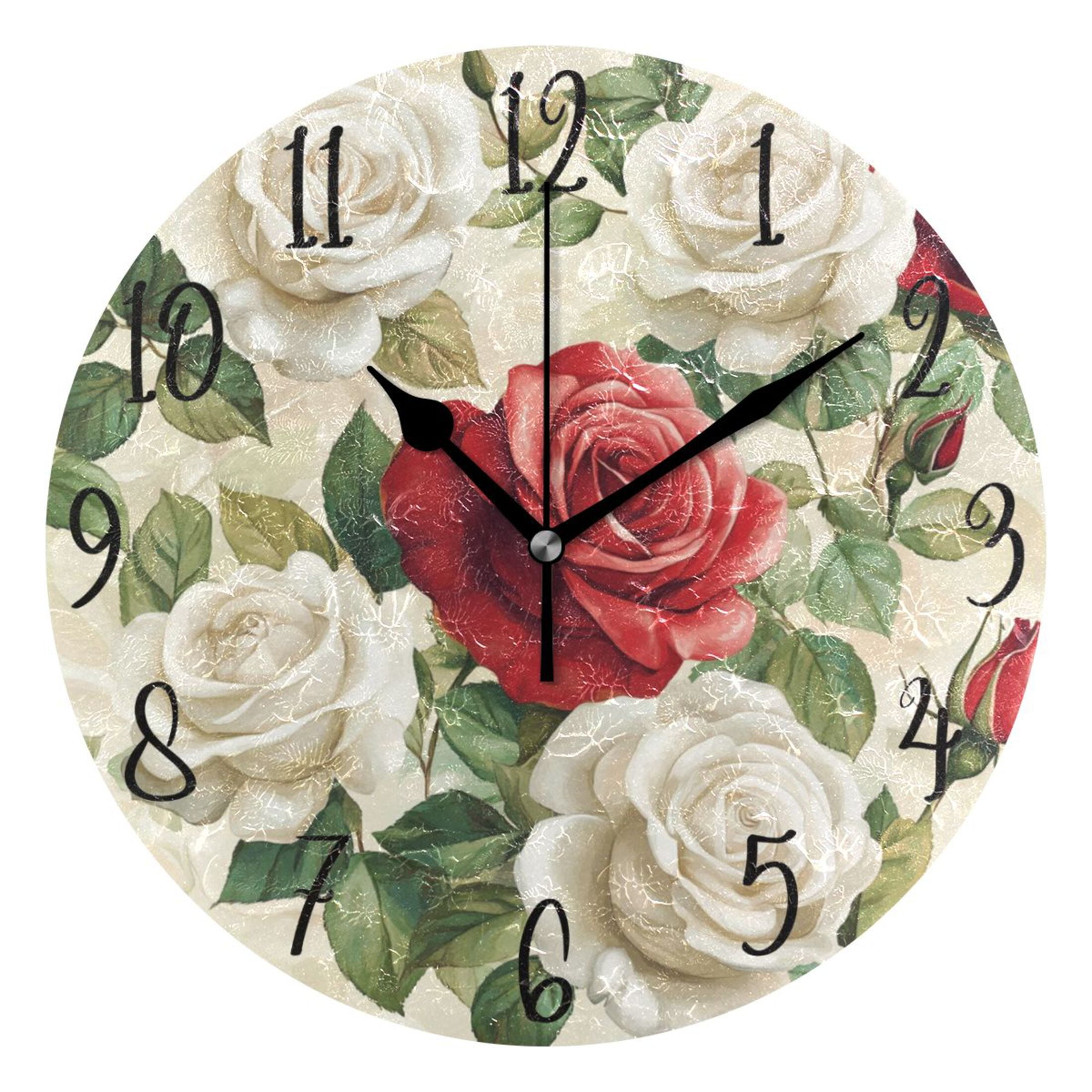 WOBOGO Red White Rose Pattern Wall Clock 10in Silent Mechanism Battery ...