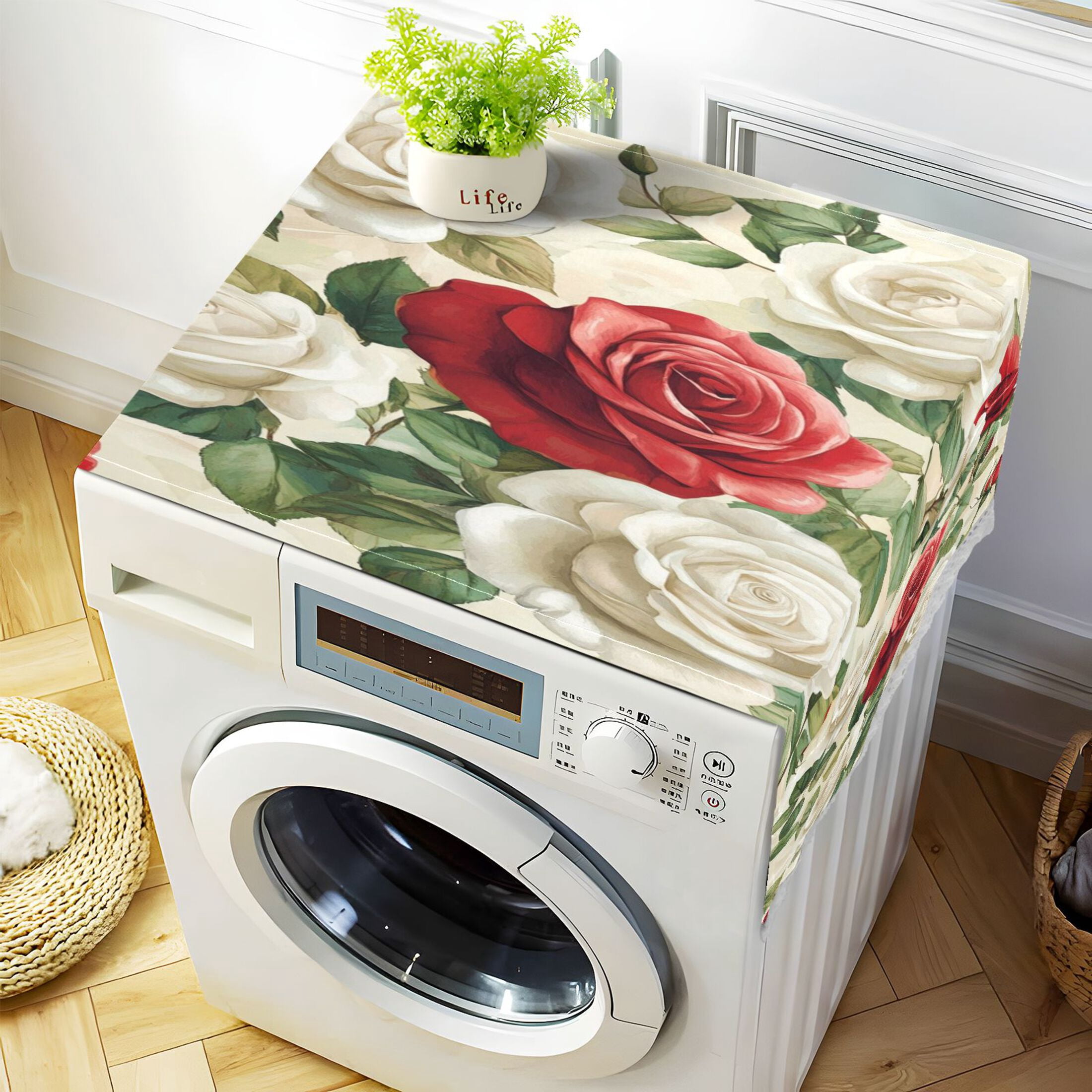 WOBOGO Red White Rose Pattern Washing Machine Cloth Dryer Refrigerator Top Cover Protective Non-Slip Mat For Kitchen Laundry