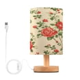 thumbnail image 1 of WOBOGO Red and Green Floral Pattern Bedroom Table Lamp USB Power Connector Wooden Base Round Linen Shade For Living Room Desk, 1 of 7