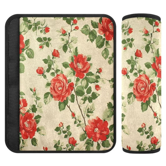 WOBOGO Red and Green Floral Pattern Seat Belt Cover 2 Piece Soft Comfort Driving Shoulder Pad Suitable for All Cars and Backpacks