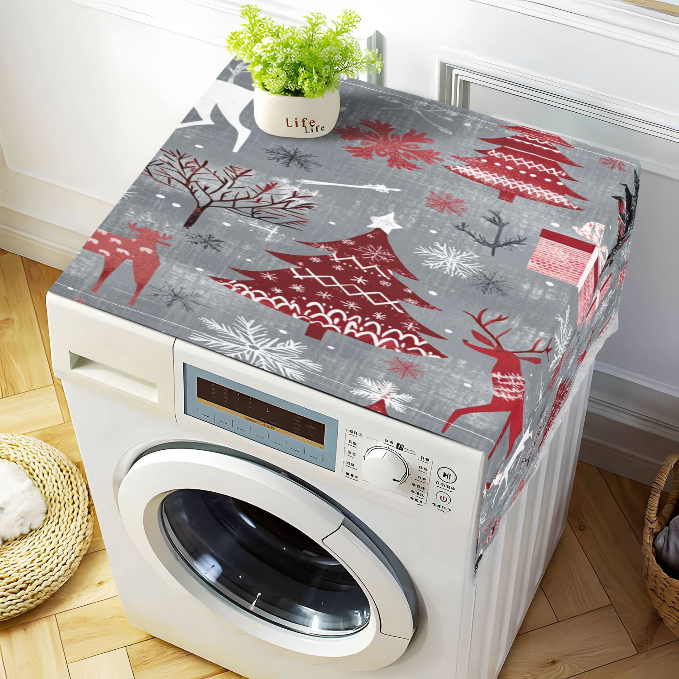 WOBOGO Red and White Christmas Tree Patterns Washing Machine Cloth Dryer Refrigerator Top Cover Protective Non-Slip Mat For Kitchen Laundry