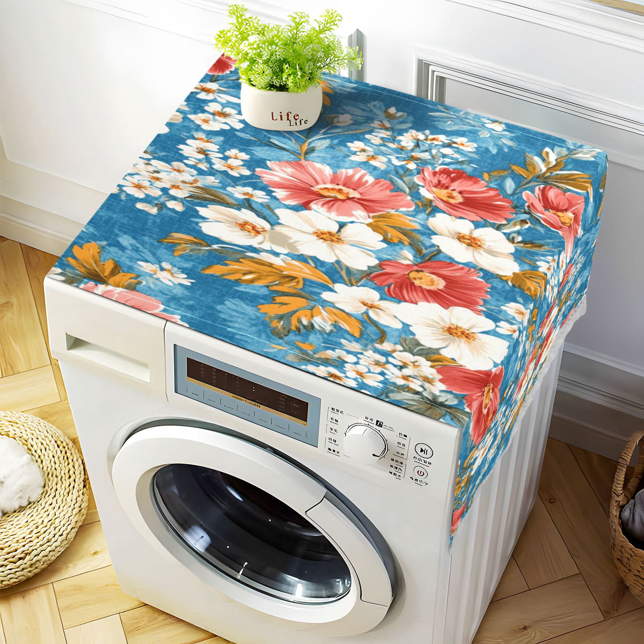 WOBOGO Red and White Nostalgic Flowers Washing Machine Cloth Dryer Refrigerator Top Cover Protective Non-Slip Mat For Kitchen Laundry