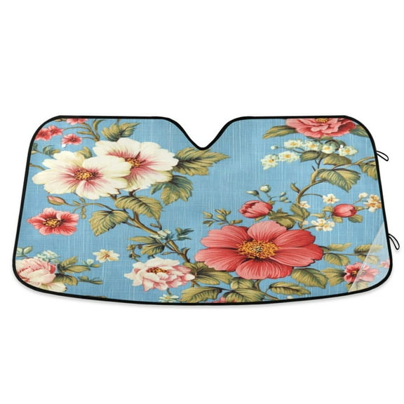 WOBOGO Red and White Vintage Flowers Car Windshield Sunshades Autopilot Lightweight Accordion Sun Visor 53×23.5in
