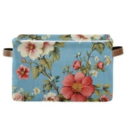 WOBOGO Red and White Vintage Flowers Square Storage Basket with Waterproof Canvas and PE Lining Durable PU Leather Handles 14.2×10.2×8.3in