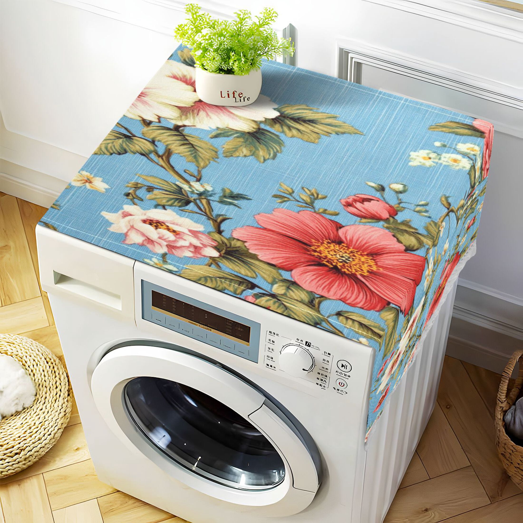 WOBOGO Red and White Vintage Flowers Washing Machine Cloth Dryer Refrigerator Top Cover Protective Non-Slip Mat For Kitchen Laundry