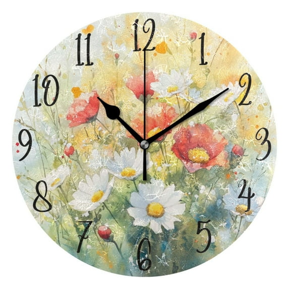WOBOGO Red and White Wildflowers Wall Clock 10in Silent Mechanism Battery Operated Retro Style for Living Room Bedroom and Kitchen Black Pointer