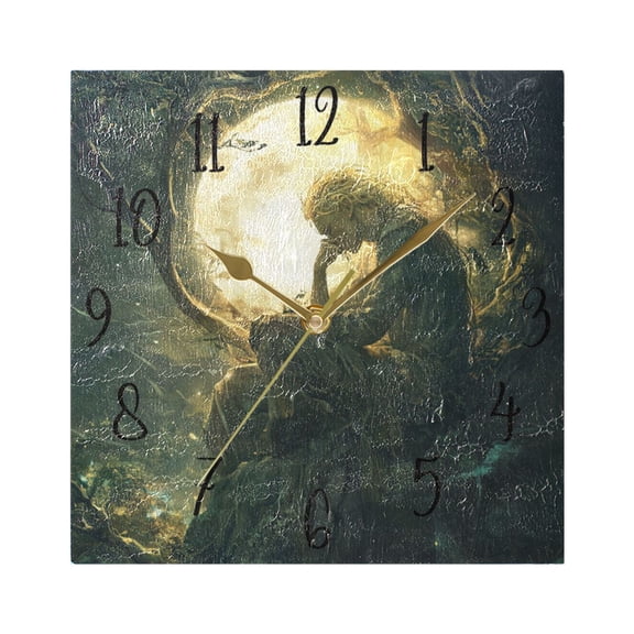 WOBOGO Reflections under The Moon Wall Clock 7.78 Inch Battery Operated Silent Unit Square Rustic Vintage Style for Home Bedroom Office Gold Pointer