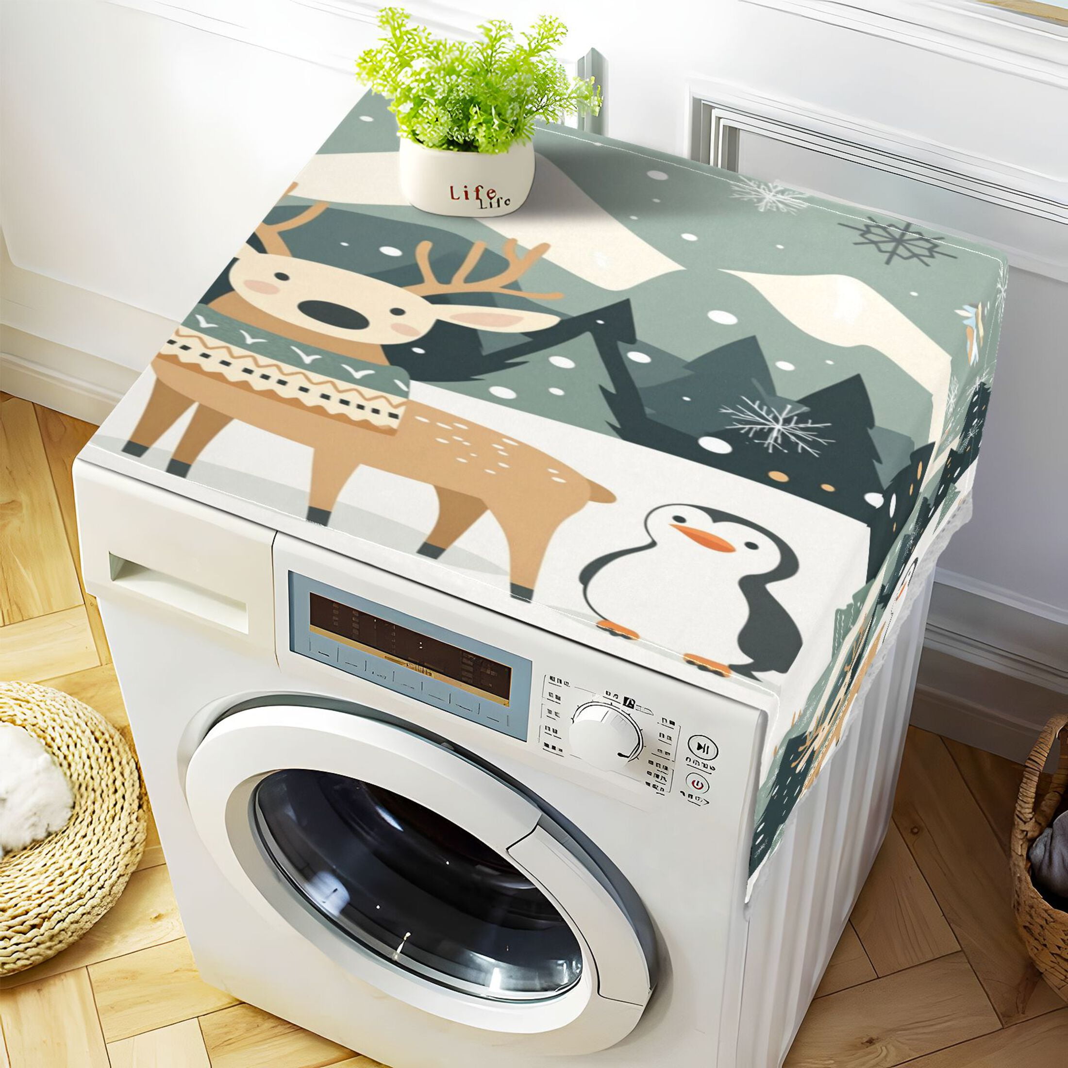 WOBOGO Reindeer Penguin Pattern Washing Machine Cloth Dryer Refrigerator Top Cover Protective Non-Slip Mat For Kitchen Laundry