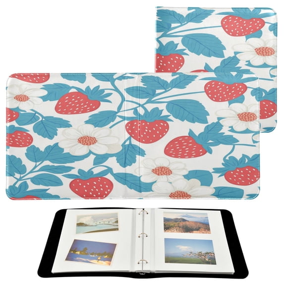 WOBOGO Retro Strawberry and Daisy Pattern Photo Albums 20 Pages Large Capacity DIY Self-adhesive Page PU Leather Cover for Family Wedding Anniversary Baby Vacation Photos 24×11.8in