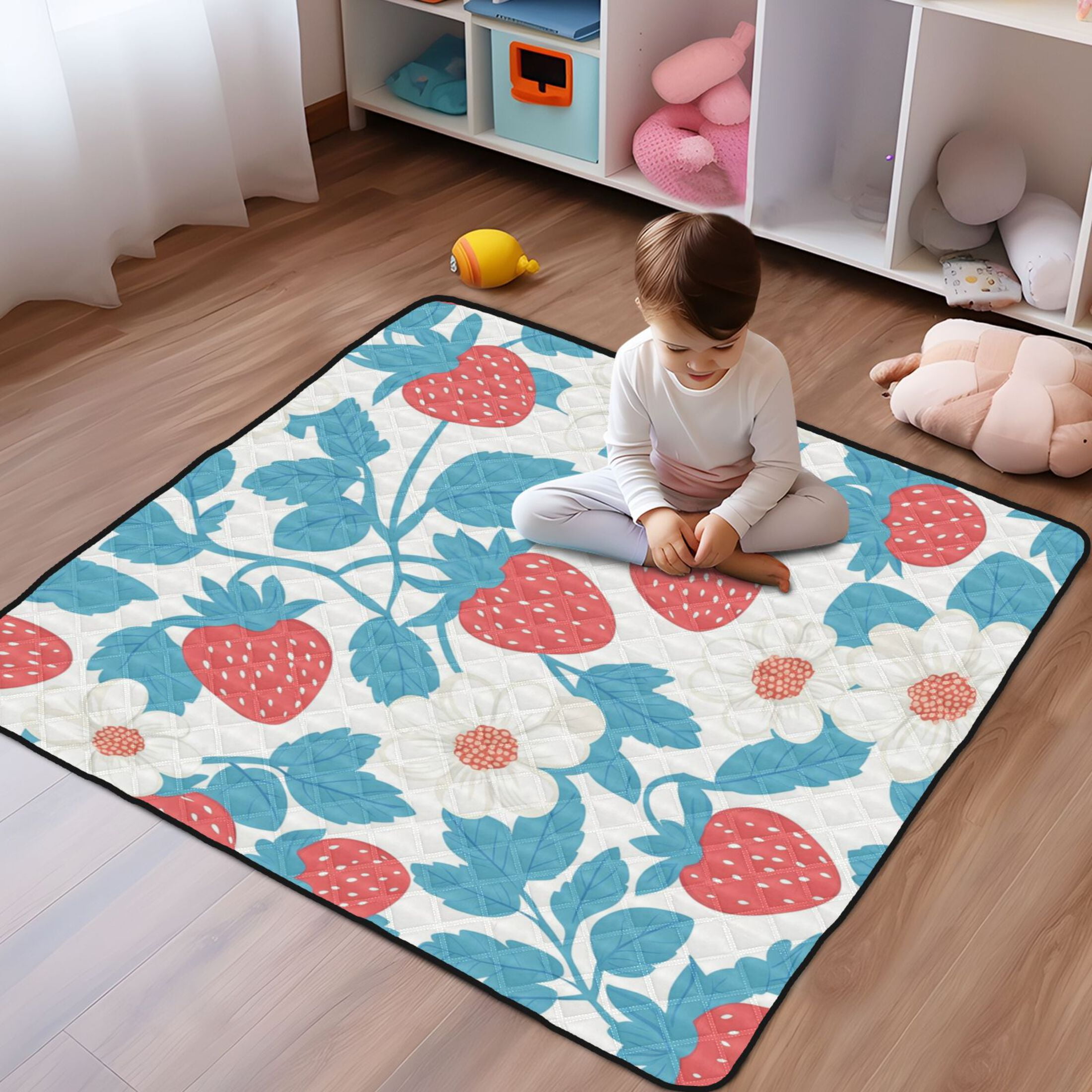 WOBOGO Retro Strawberry and Daisy Pattern Baby Playmats Extra Large Waterproof Rollable Activity Pads for Toddlers 50×50inch