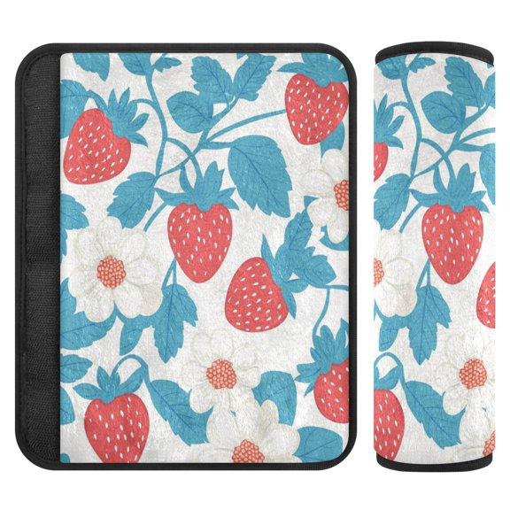 WOBOGO Retro Strawberry and Daisy Pattern Seat Belt Cover 2 Piece Soft Comfort Driving Shoulder Pad Suitable for All Cars and Backpacks