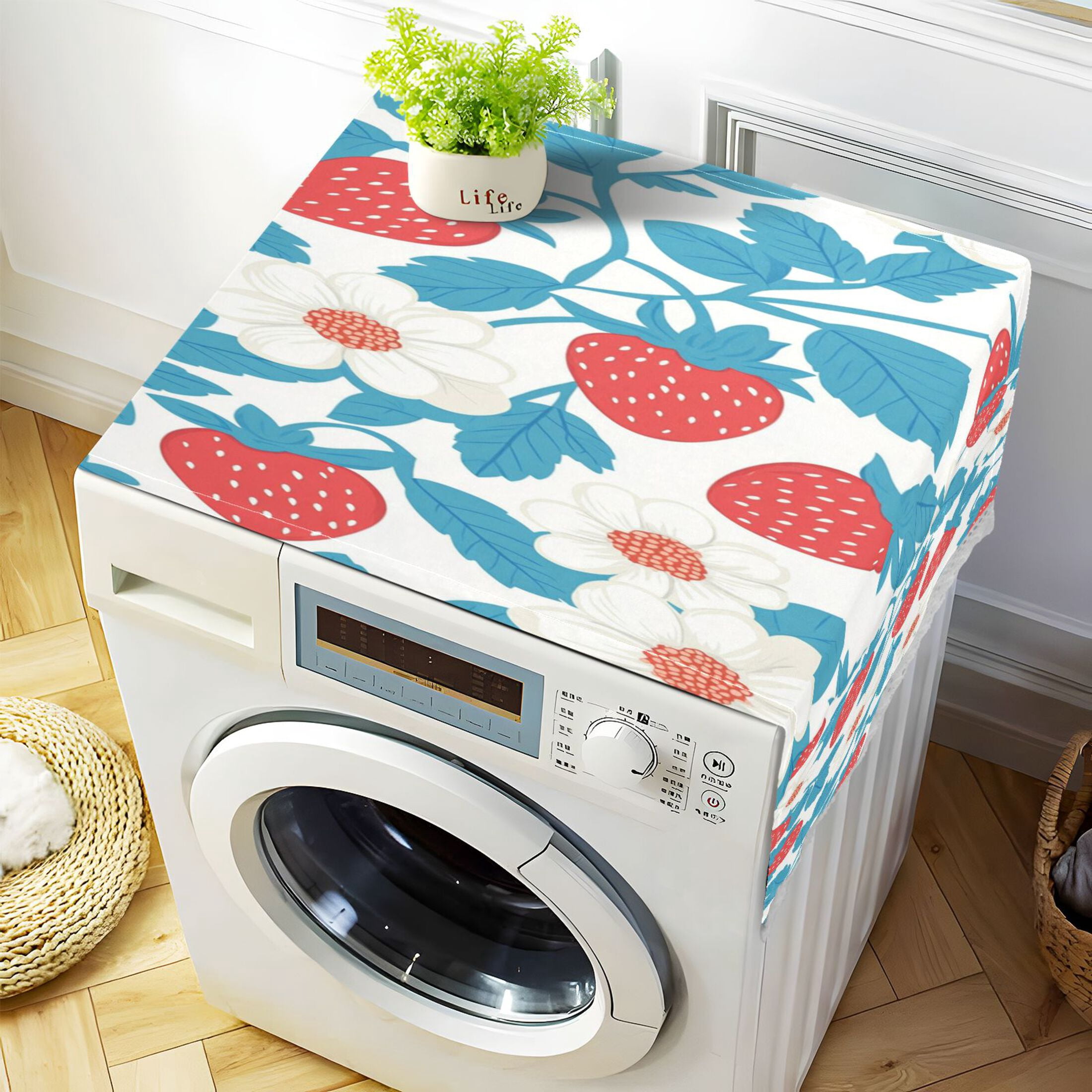 WOBOGO Retro Strawberry and Daisy Pattern Washing Machine Cloth Dryer Refrigerator Top Cover Protective Non-Slip Mat For Kitchen Laundry