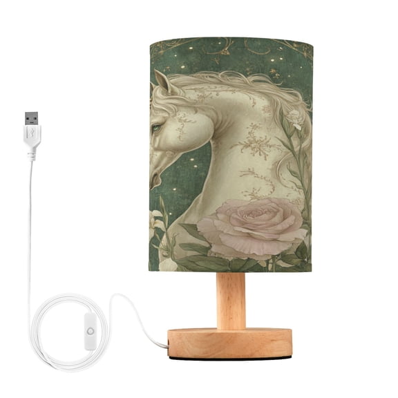 WOBOGO Retro Unicorn Bedroom Table Lamp USB Power Connector Wooden Base Round Linen Shade For Living Room Desk