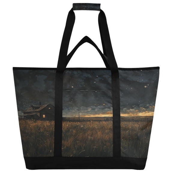 WOBOGO Rice Paddies Covered with Stars at Night Tote Cooler Bag Fold Flat Insulated Shopping Bag With Zipper For Work Picnic Beach Use 186.724in