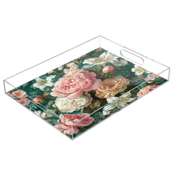 WOBOGO Rococo Floral Acrylic Serving Trays 15.7x11.8 Inch Spill Proof Clear Decorative Organizer with Handle