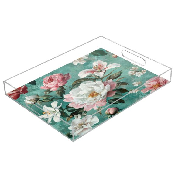 WOBOGO Rococo Florals Acrylic Serving Trays 15.7x11.8 Inch Spill Proof Clear Decorative Organizer with Handle