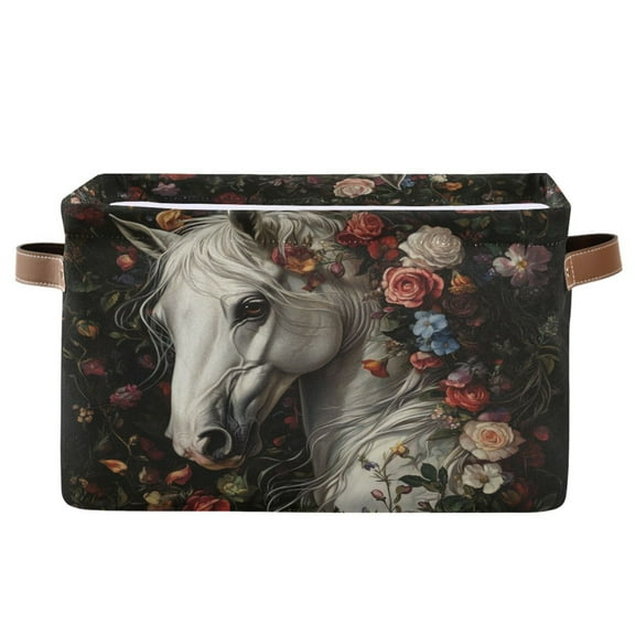 WOBOGO Rose Of Horse Square Storage Basket with Waterproof Canvas and PE Lining Durable PU Leather Handles 14.2×10.2×8.3in