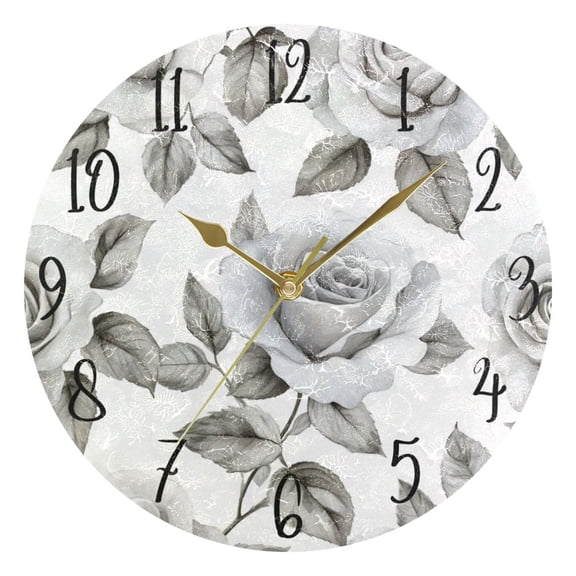 WOBOGO Rose Pattern in Gray and White Tones Wall Clock 10in Silent Mechanism Battery Operated Retro Style for Living Room Bedroom and Kitchen Gold Pointer