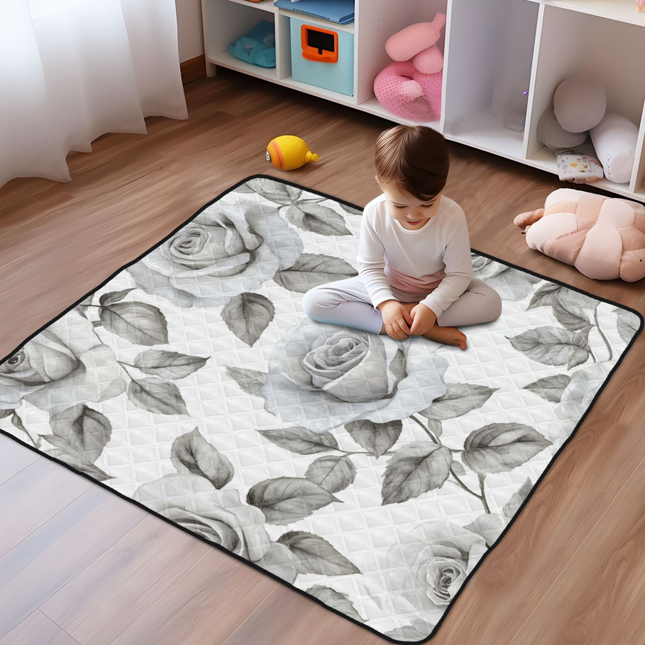 WOBOGO Rose Pattern in Gray and White Tones Baby Playmats Extra Large Waterproof Rollable Activity Pads for Toddlers 50×50inch
