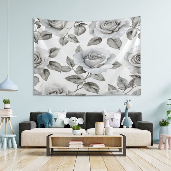 WOBOGO Rose Pattern in Gray and White Tones Tapestry 60×40in Home Living Room Bedroom Wall Hanging Ornaments