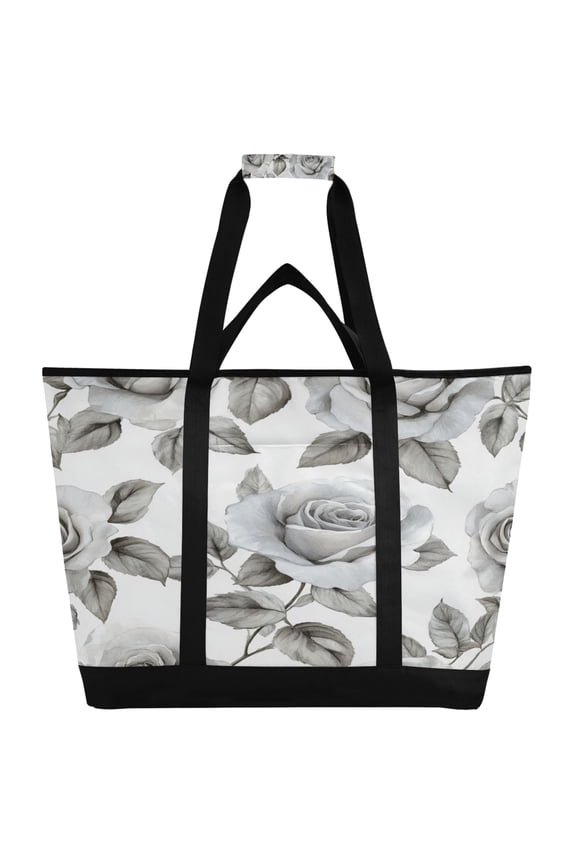 Rose Pattern in Gray and White Tones Tote Cooler Bag Fold Flat Insulated Shopping Bag With Zipper For Work Picnic Beach Use 186.724in
