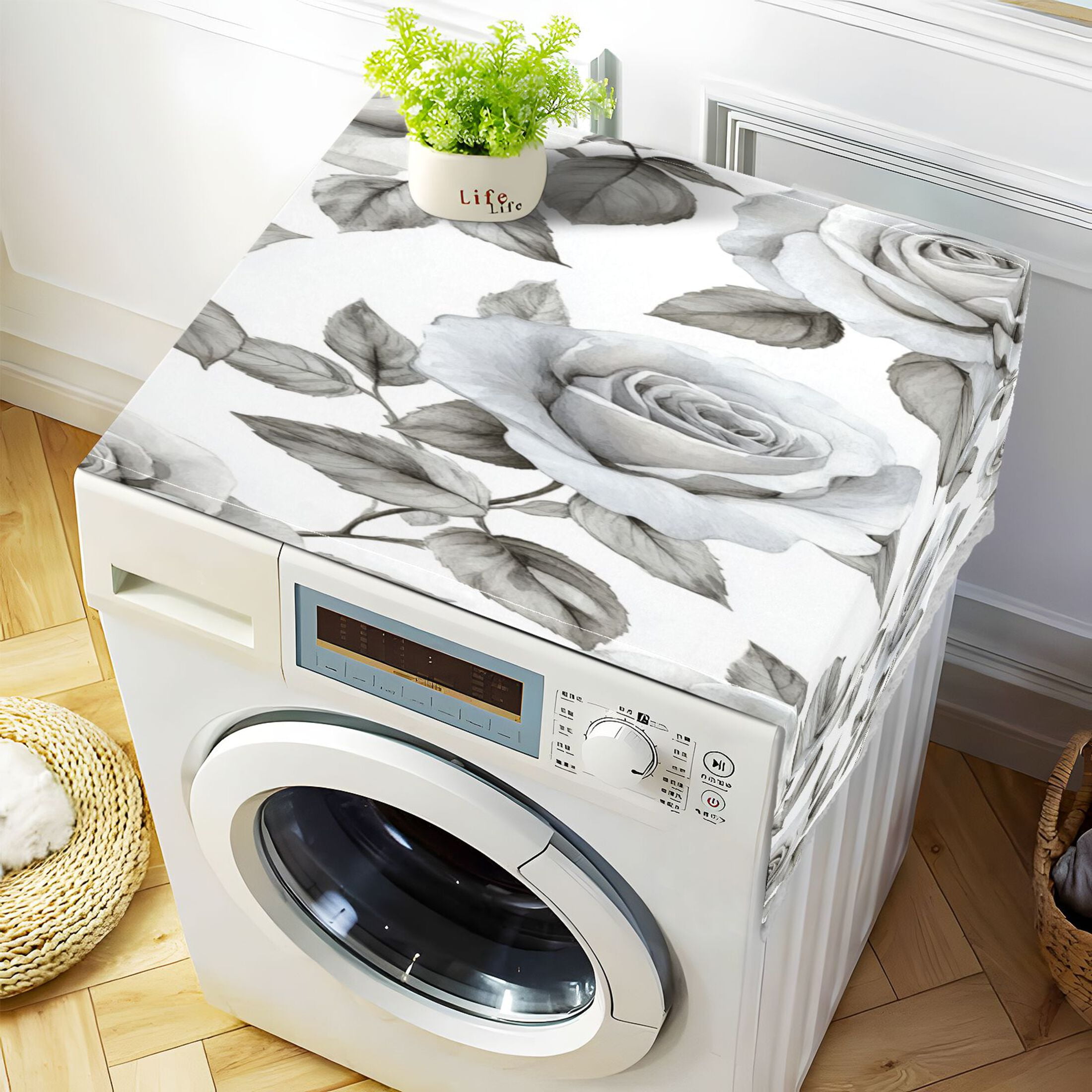 WOBOGO Rose Pattern in Gray and White Tones Washing Machine Cloth Dryer Refrigerator Top Cover Protective Non-Slip Mat For Kitchen Laundry