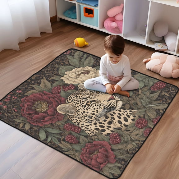 WOBOGO Roses Leopard Baby Playmats Extra Large Waterproof Rollable Activity Pads for Toddlers 5050inch