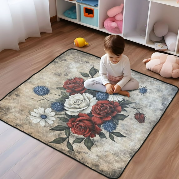 WOBOGO Roses in A Vase Baby Playmats Extra Large Waterproof Rollable Activity Pads for Toddlers 50×50inch