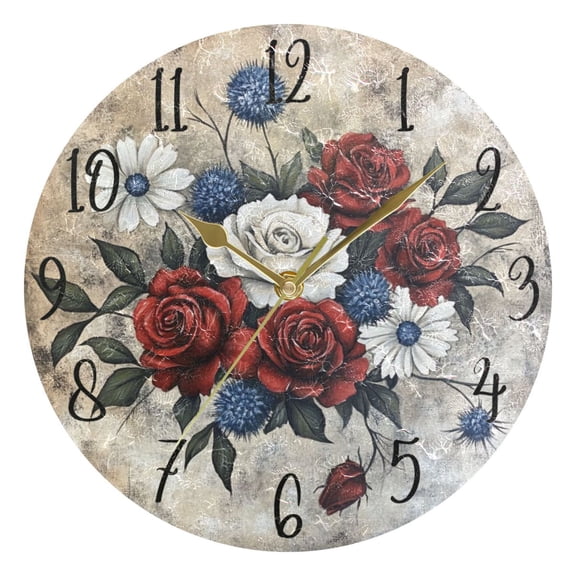 WOBOGO Roses in A Vase Wall Clock 10in Silent Mechanism Battery Operated Retro Style for Living Room Bedroom and Kitchen Gold Pointer