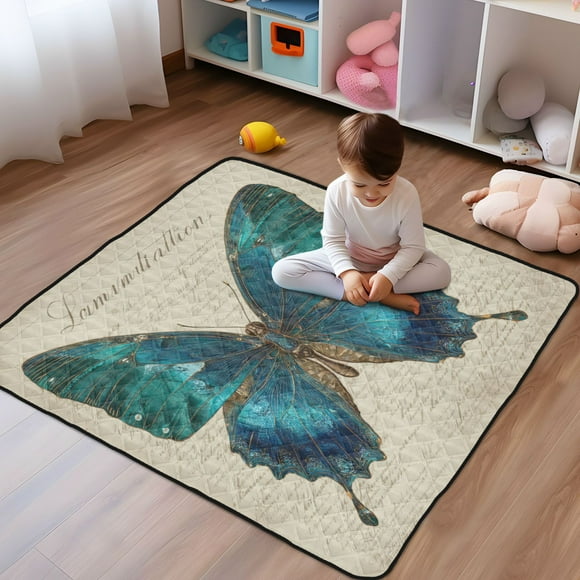 WOBOGO Royal Blue Butterfly Baby Playmats Extra Large Waterproof Rollable Activity Pads for Toddlers 5050inch
