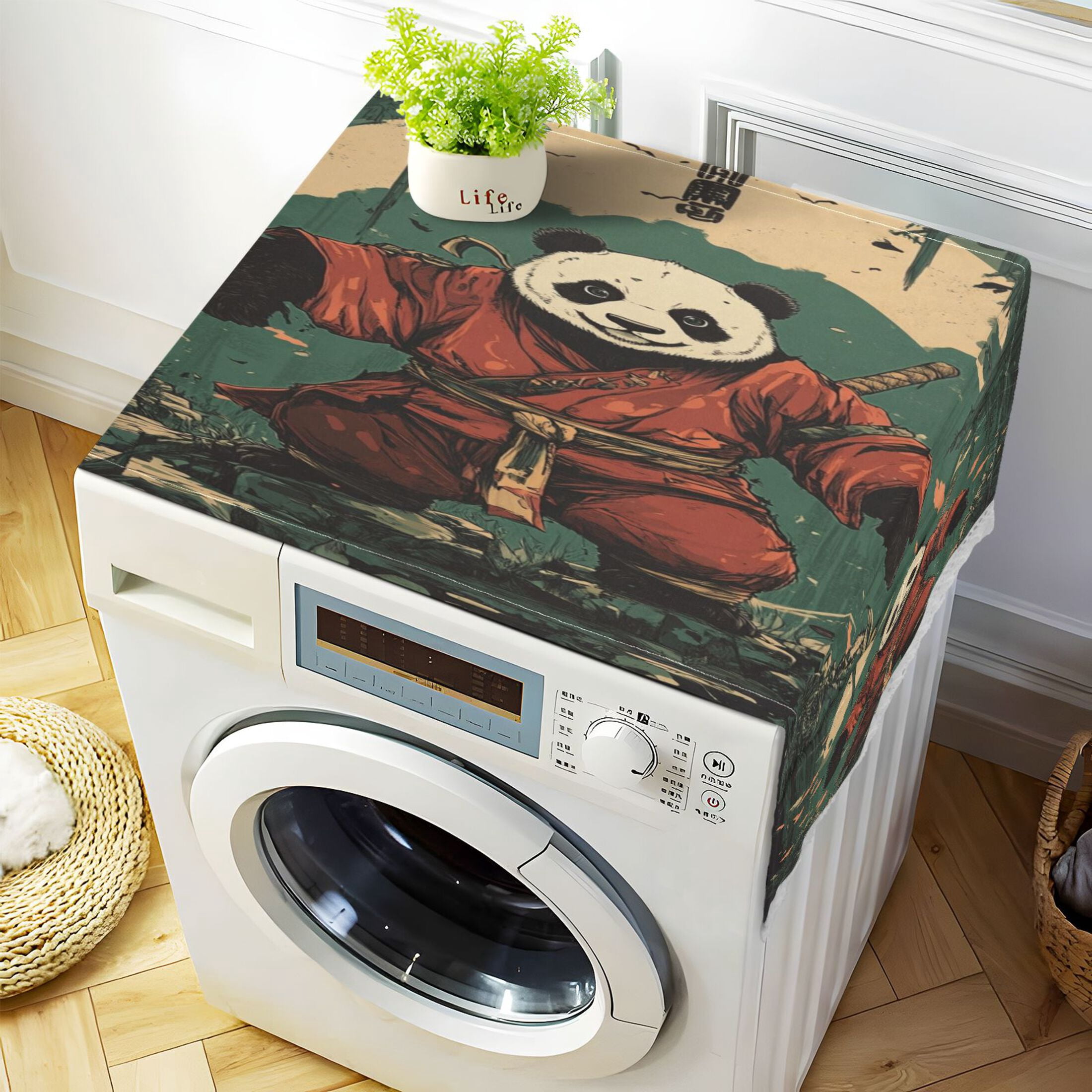 WOBOGO Samurai Panda Pattern Washing Machine Cloth Dryer Refrigerator Top Cover Protective Non-Slip Mat For Kitchen Laundry
