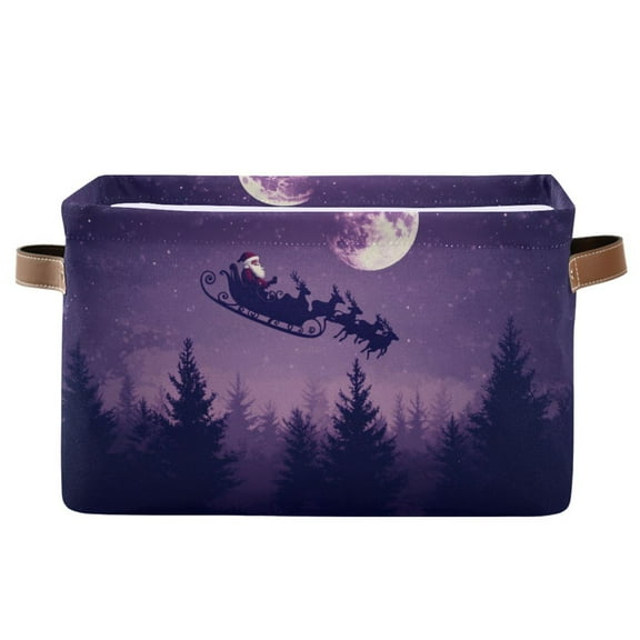 WOBOGO Santa Claus Flying in His Sleigh Square Storage Basket with Waterproof Canvas and PE Lining Durable PU Leather Handles 14.2×10.2×8.3in