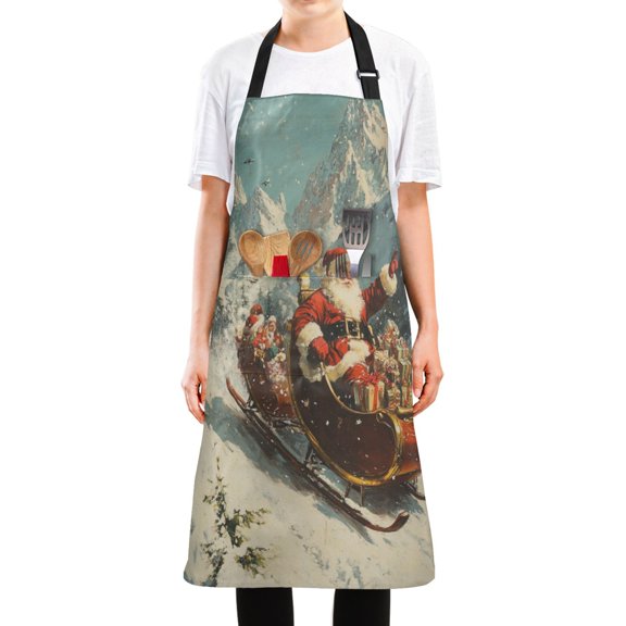 WOBOGO Santa Claus Giving Presents Long Apron Waterdrop Resistant with 2 Pockets Cooking Kitchen Chef Apron for Women Men