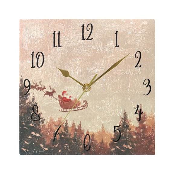 WOBOGO Santa Claus Giving Presents Wall Clock 7.78 Inch Battery Operated Silent Unit Square Rustic Vintage Style for Home Bedroom Office Gold Pointer