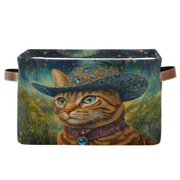 WOBOGO Sapphire Hat Kitty Square Storage Basket with Waterproof Canvas and PE Lining Durable PU Leather Handles 14.2×10.2×8.3in