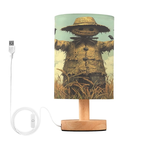 WOBOGO Scarecrow in A Rice Field with Sparrows Bedroom Table Lamp USB Power Connector Wooden Base Round Linen Shade For Living Room Desk