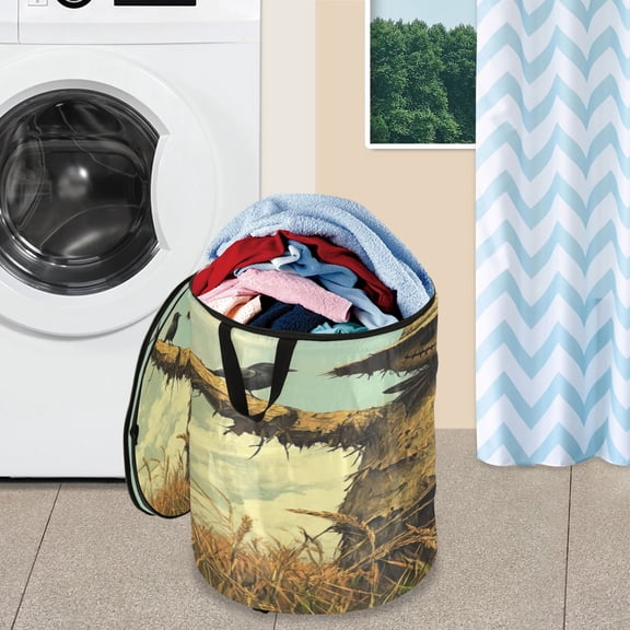 WOBOGO Scarecrow in A Rice Field with Sparrows Foldable Laundry Baskets with Carry Handle Zipper Closure Travel Bathroom College Dorm Essentials