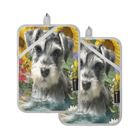 WOBOGO Schnauzer Puppy Oven Mitts 2 Piece Heat Resistant 338 Degrees F Square Insulation Pads for A Wide Range of Cooking Occasions