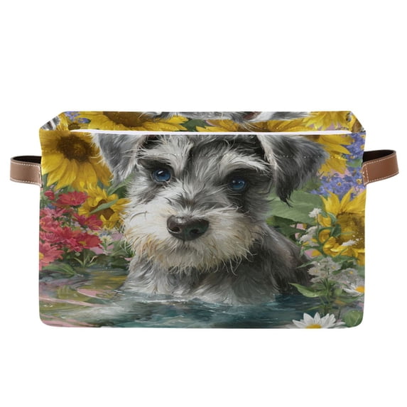 WOBOGO Schnauzer Puppy Square Storage Basket with Waterproof Canvas and PE Lining Durable PU Leather Handles 14.2×10.2×8.3in
