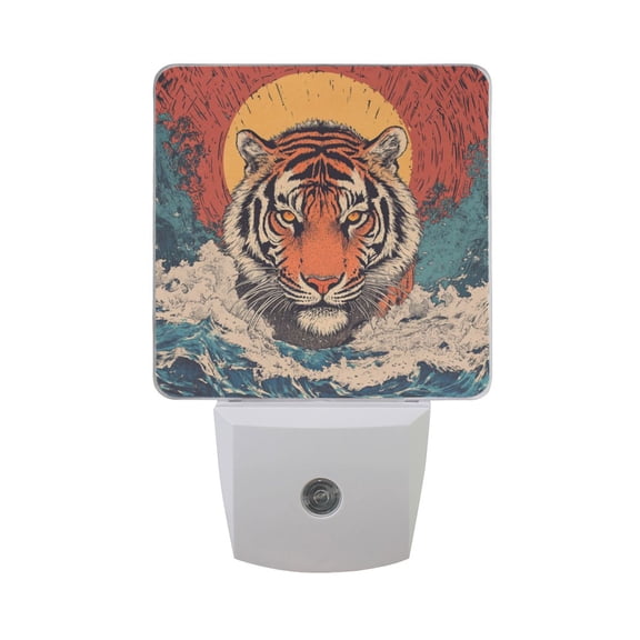 WOBOGO Sea Sunrise Tiger Pattern LED Night Light 2 Pcs Set 0.5 Watt Wall Plug in Dusk to Dawn Automatic Switch Soft White Light