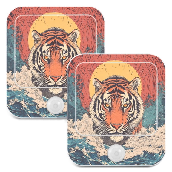 WOBOGO Sea Sunrise Tiger Pattern Night Light Lamp with Smart Sensor Dusk to Dawn Sensor 0.6W Plug-in 2-Pack