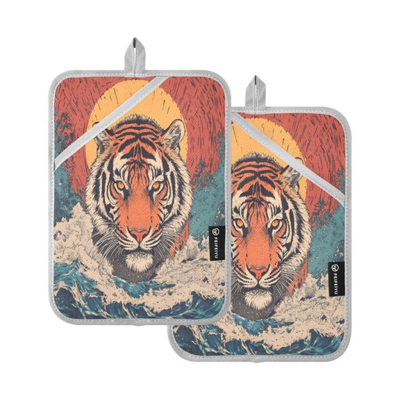 WOBOGO Sea Sunrise Tiger Pattern Oven Mitts 2 Piece Heat Resistant 338 Degrees F Square Insulation Pads for A Wide Range of Cooking Occasions