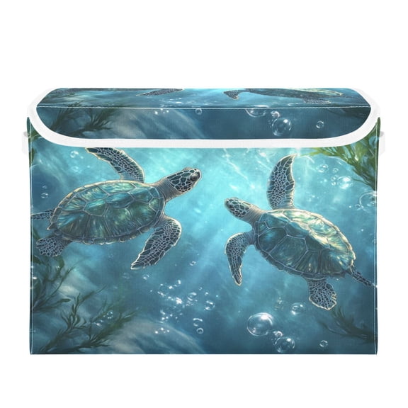 WOBOGO Sea Turtle Large Collapsible Storage Box Flip Lid Fabric Decorative Organizer Container Basket with Handles 16.512.611.8in