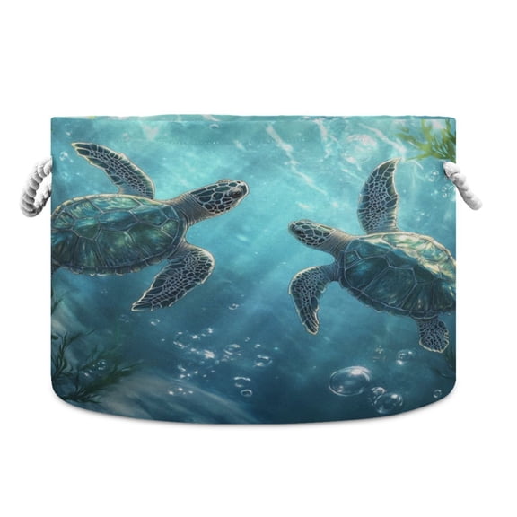 WOBOGO Sea Turtle Toy Storage Basket 2014in Canvas Laundry Hamper for Living Room Kids Room Bathroom Organizer