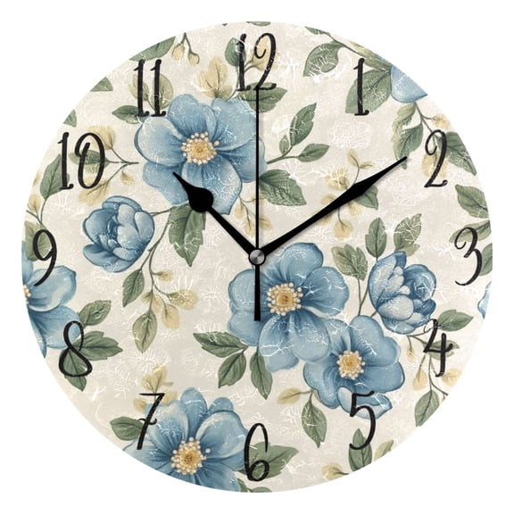 WOBOGO Seamless Pattern Of Blue Flowers and Green Leaves Wall Clock 10in Silent Mechanism Battery Operated Retro Style for Living Room Bedroom and Kitchen Black Pointer